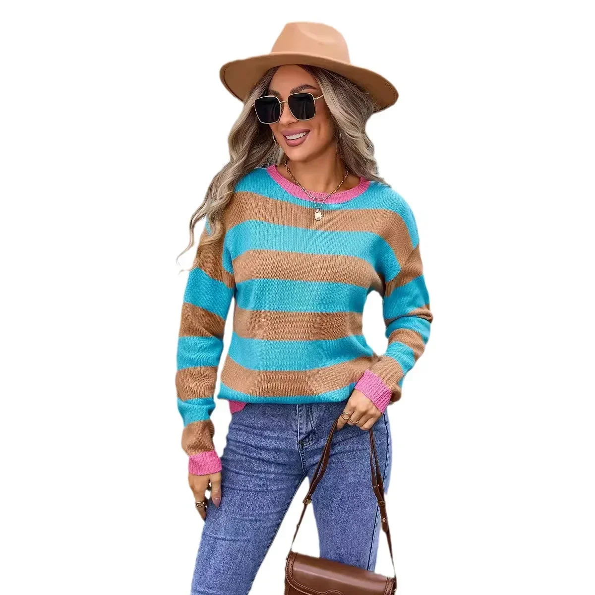 

Индивидуальный полосатый лоскутный свитер с круглым вырезом, женский новый модный свободный вязаный пуловер цвета заклинания, осень и зима