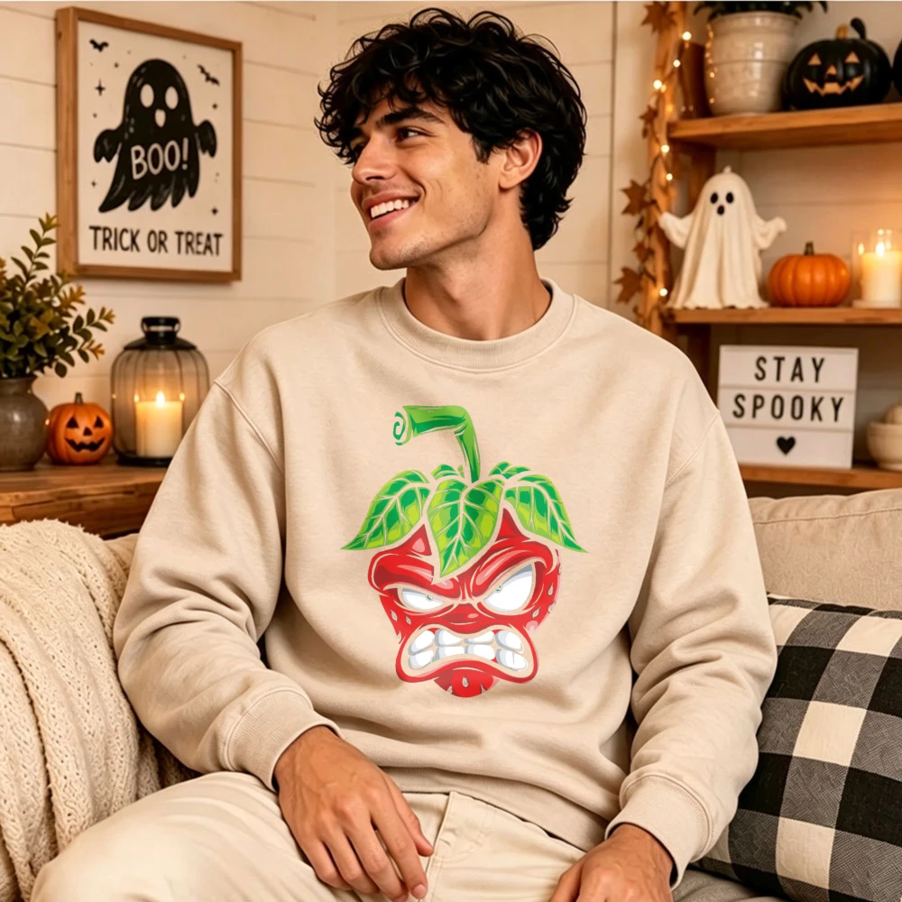 Angry Cartoon Strawberry Face Pullover Hooded Sweatshirt Funny Mad Fruit Character Print Casual Streetwear Soft Autumn Daily Top