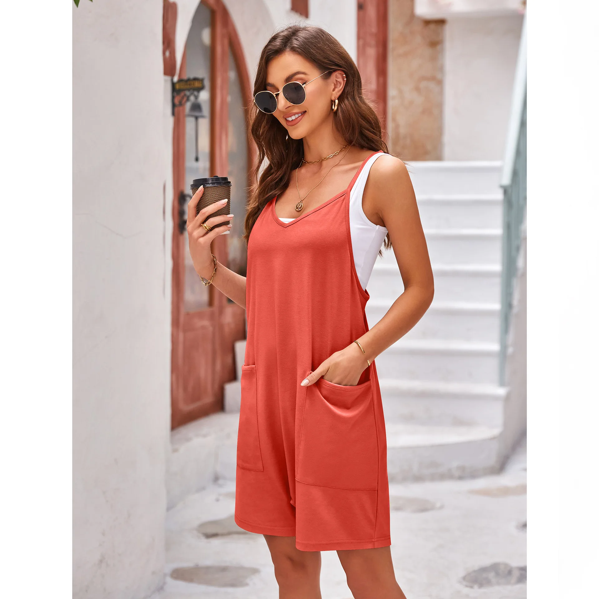 Women Rompers Overalls Knitting Playsuits One Piece Solid Shorts Pockets Sexy High Street Backless Loose Fit 2024 Summer