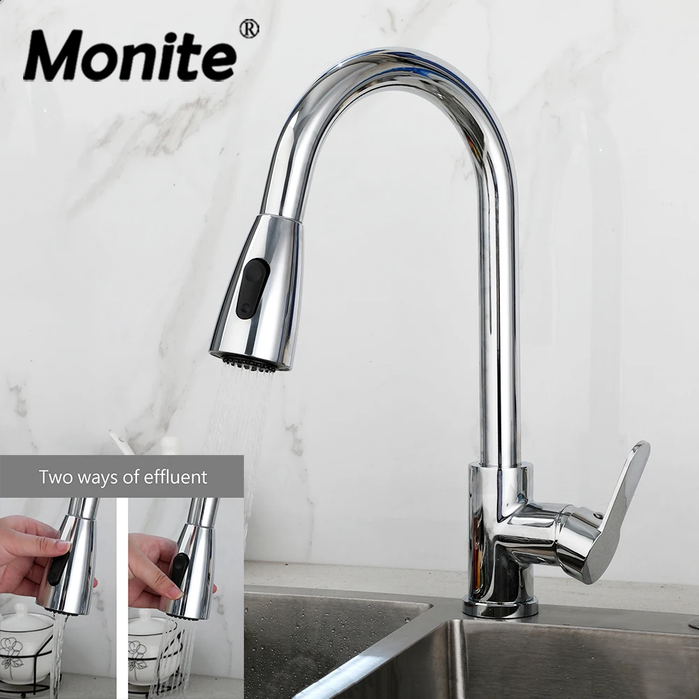 Monite Pull Out Kitchen Sink Faucet Stainless Steel Rain/Column Spray 360° Swivel Deck Mounted Single Handle Hot Cold Mixer Tap