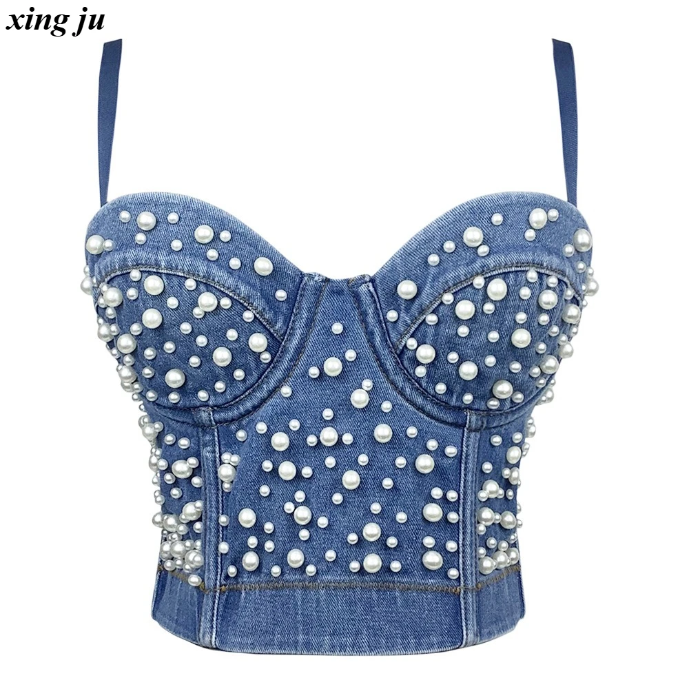 

Xing Ju Women Jazz Dance Sleeveless Denim Tank Tops Sexy Summer Backless Pearls Tops Female Nightclub DJ Girls Performance Wear