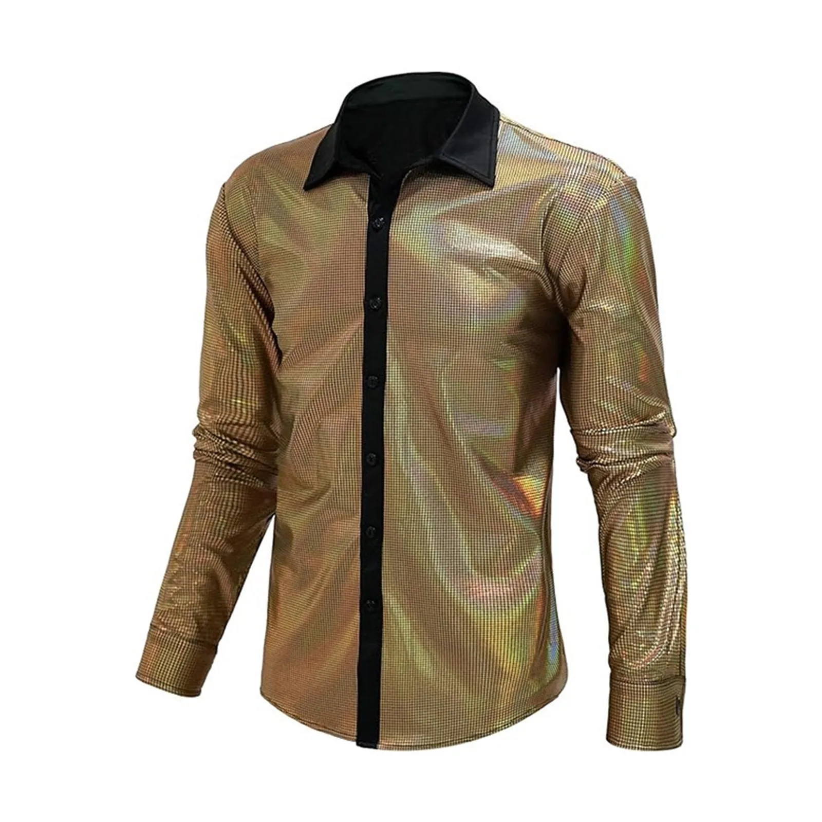 Stage Performance Carnival Party Men Shirts Shiny Long Sleeve Lapel Singel Breasted Clothing Tops Color Blocked Gold Blouses Top