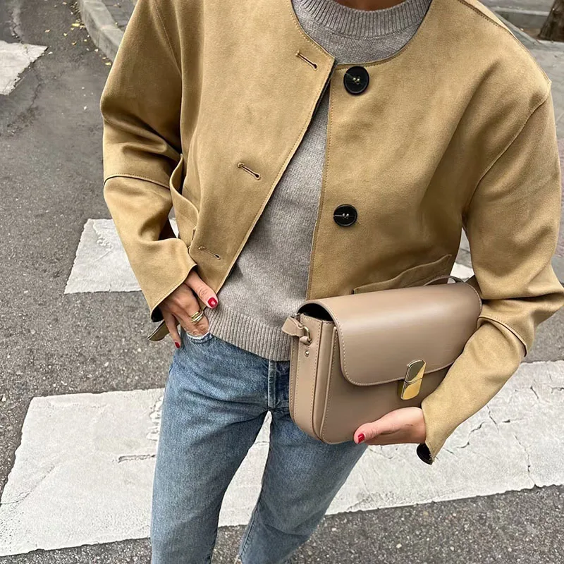 Autumn o neck outwears Women's jacket vintage loose big pocket coat Korean reviews clothes solid Suede Fabric jacket female 2024