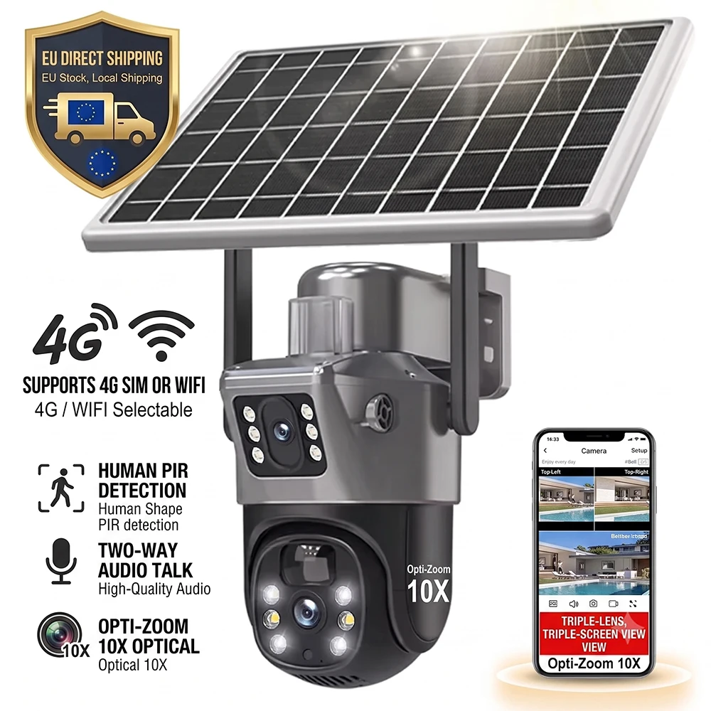 Solarpanel mit integriertem Akku, Human+ PIR-Bewegungserkennung, Zwei-Wege-Audio |   Opti-Zoom 10X Optischer Zoom Schwarz 2 Linsen/3 Bildschirme 4G SIM-basierte Kabellose Solar-Überwachungskamera