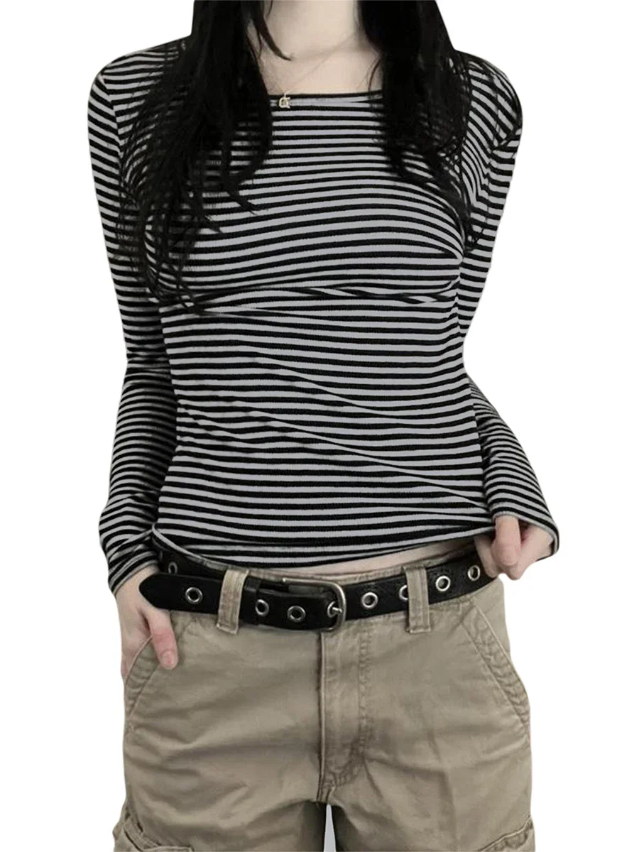 Long Sleeve Shirts for Women Fashion Casual Basic Crew Neck Striped Slim Fit T-shirt Going Out Blouses Y2K Vintage Tight Shirts