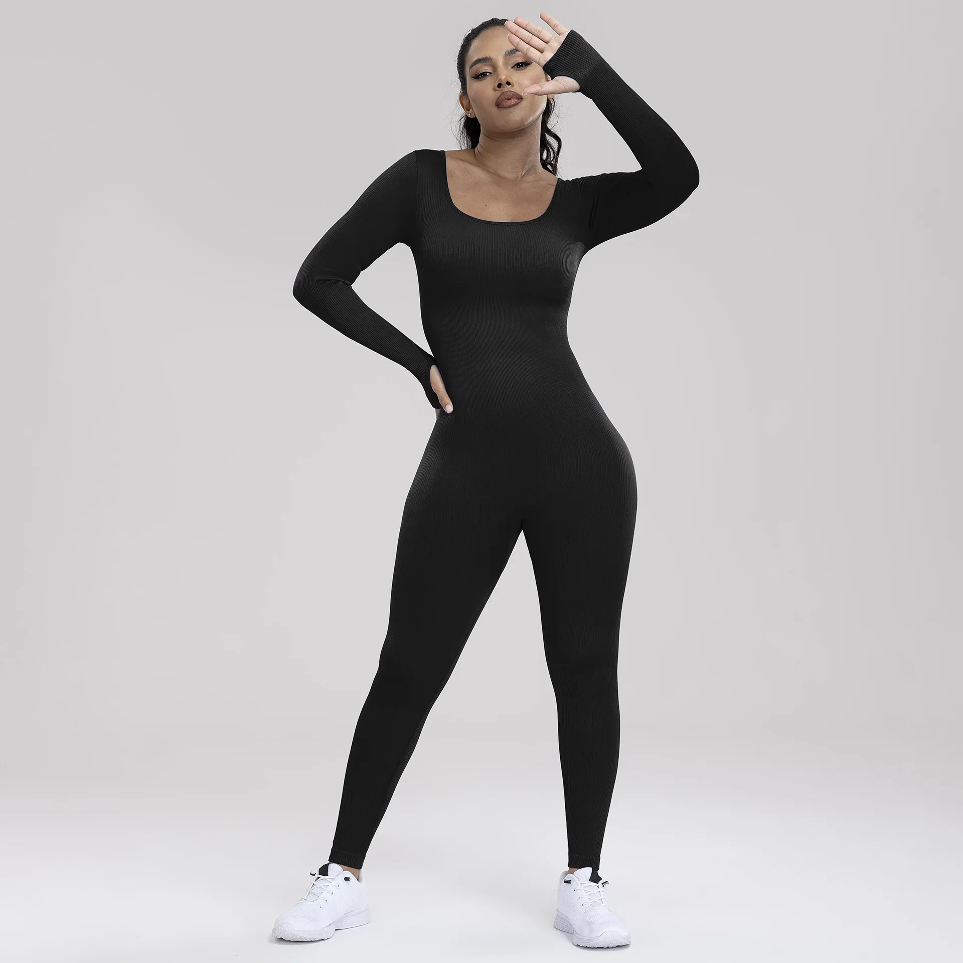 Ribbed Yoga Jumpsuit Sports Fitness Long Sleeve Bodysuit for Woman Tight Shaping Yoga Suit Jumpsuit Bodysuit Women Longsleeve