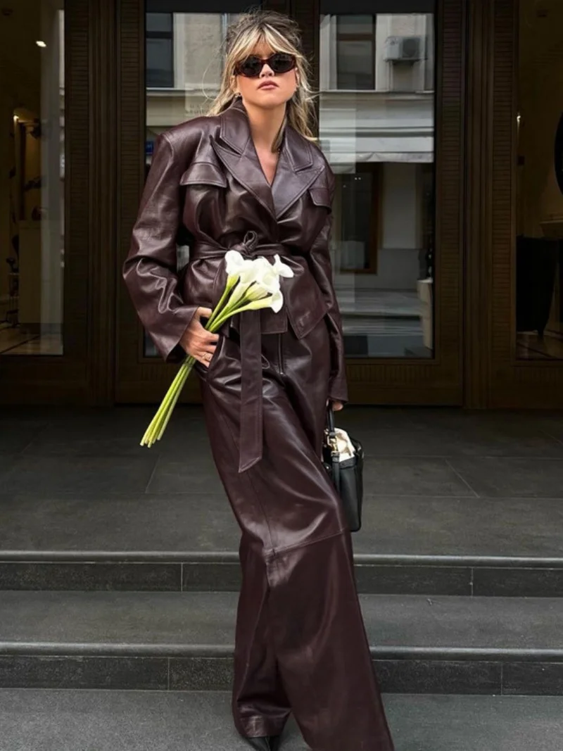 

Модные комплекты из искусственной кожи, комплект из 2 предметов, женская одежда, осенняя одежда, женская куртка с длинным рукавом, топ и брюки, женские комплекты из искусственной кожи