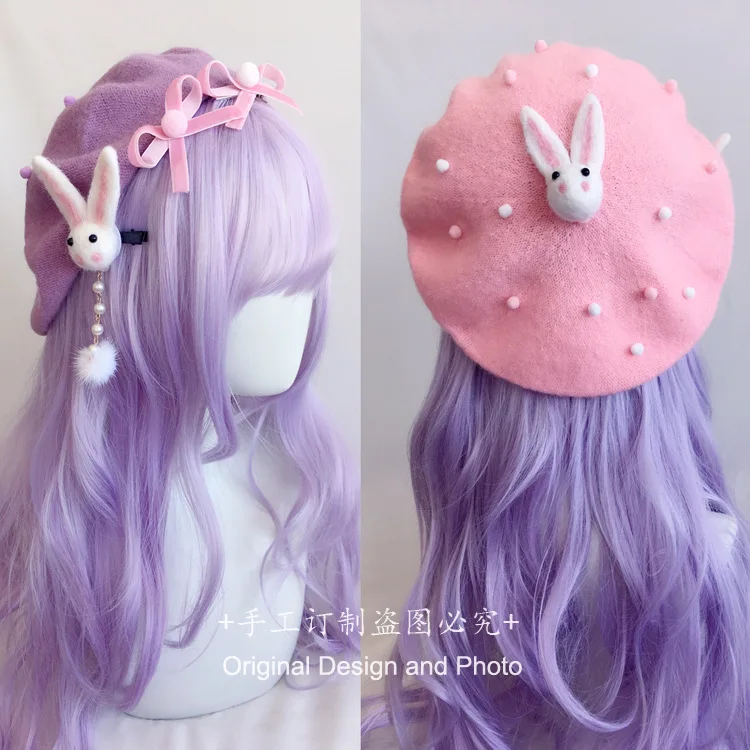 Lolita beret soft girl sweet hat beret wool hat painter hat anime cute bunny side clip hairpin pink hat