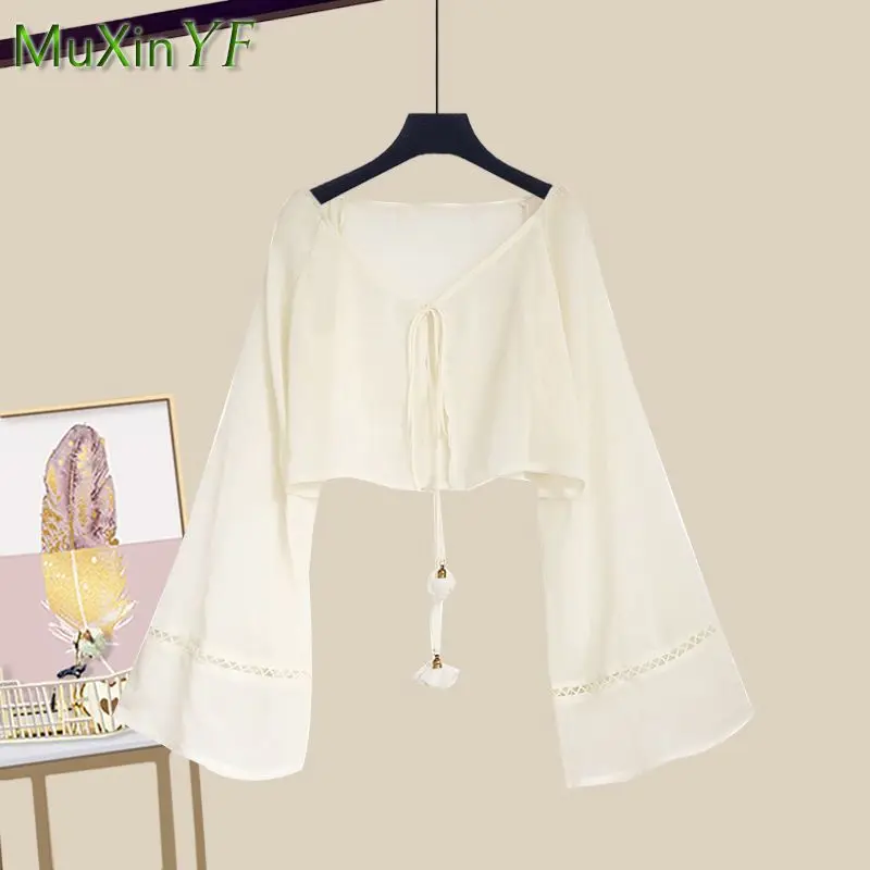 Women\'s 2024 Summer New Dress Matching Set Korean Elegant Loose Sunscreen Shirt+Sling Skirt Two Piece Female Chic Clothing Suit