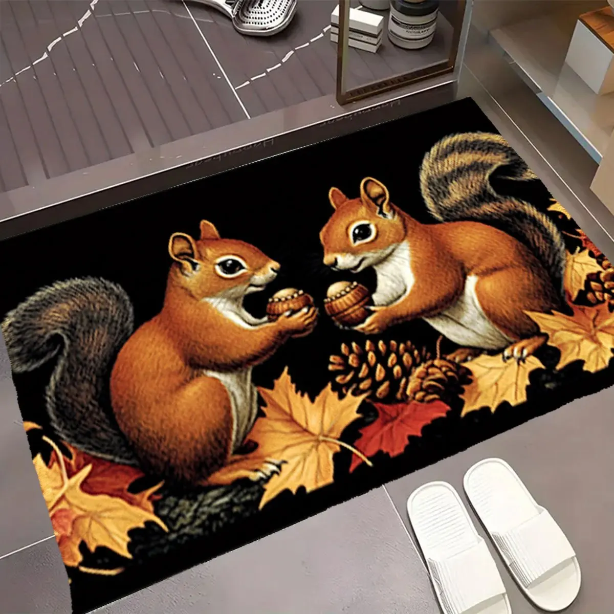Rustic Fall Squirrel Acorn Autumn Leaves Doormat Welcome Mat for Front Porch Seasonal House Entryway Decoration Gift