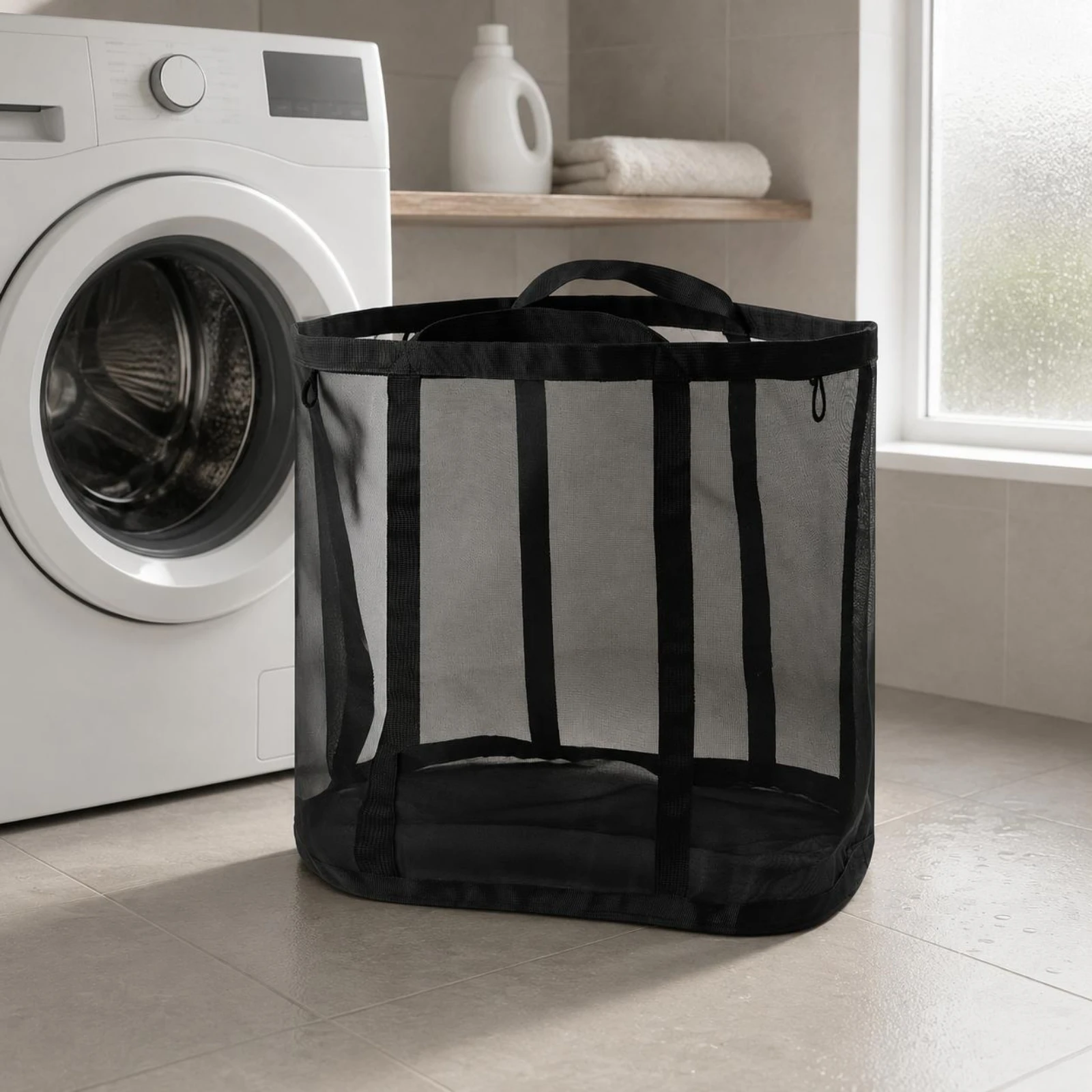 Foldable Laundry Basket Reinforced Bottom Mesh Laundry Hamper Portable Clothes Hamper Transparent Household Storage