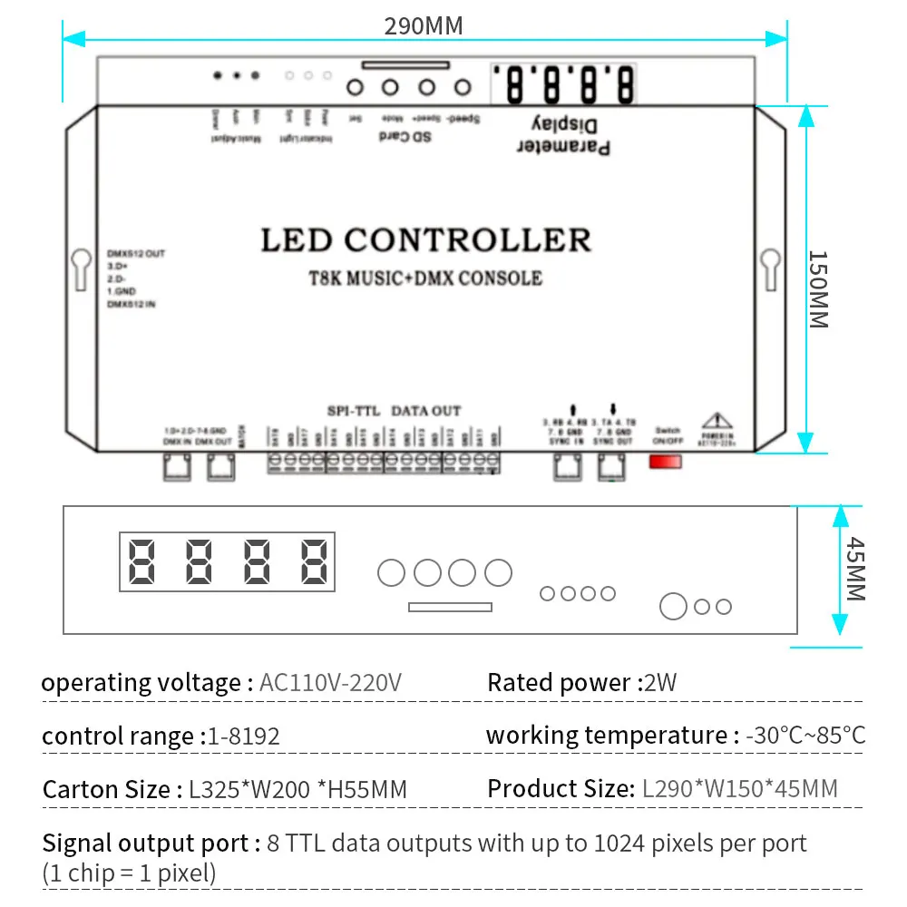 WS2811 WS2812B T8K Music+DMX Console SPI TTL Pixels LED Strip Controller 8Channels Port With Mic in/Aux in Control WS2813 WS2815