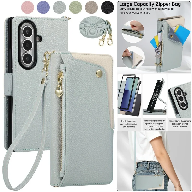 Crossbody Leather Zipper Wallet Phone Case for Samsung Galaxy Z Fold 8 Ultra 7 6 5 4 3 Wrist Strap Cards Funda Cover Hoesje Etui