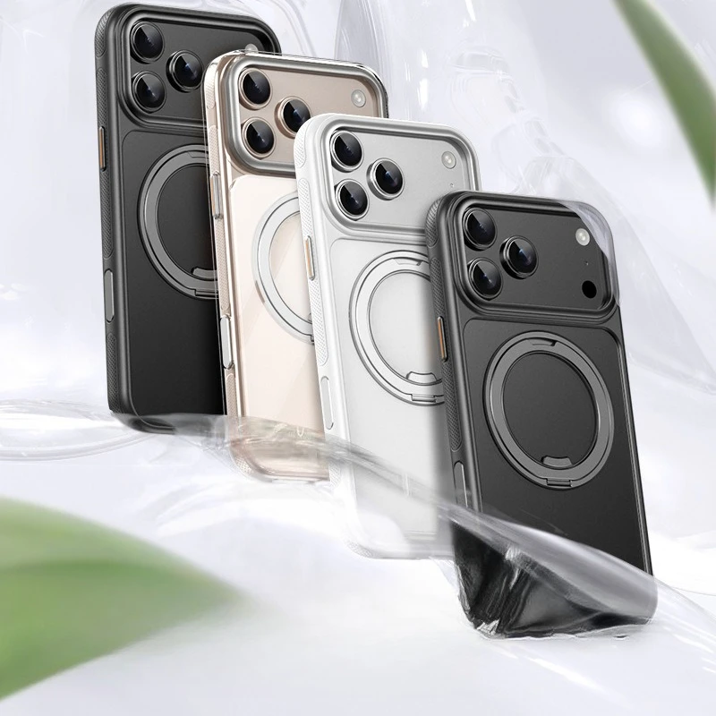 Capa magsafe de plástico transparente fosco para iphone 17pro 17 pro max air metal 360 anel giratório suporte hodler armadura capa traseira