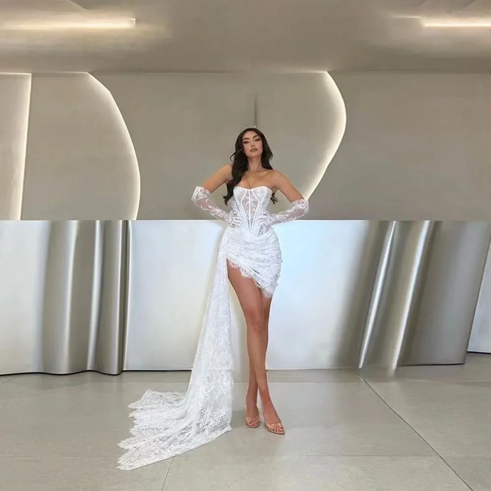 

Customized White Sexy Mini Mermaid Wedding Dresses Lace Strapless Party Dresses Long Train Women Vestidos De Novia Boda