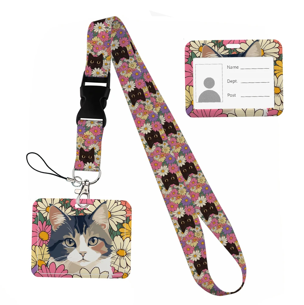 Flowers and cats Print Keychain Ribbon Lanyards for Keys ID Horizontal Card Collectors Phone Straps Rope Students Badge Holder