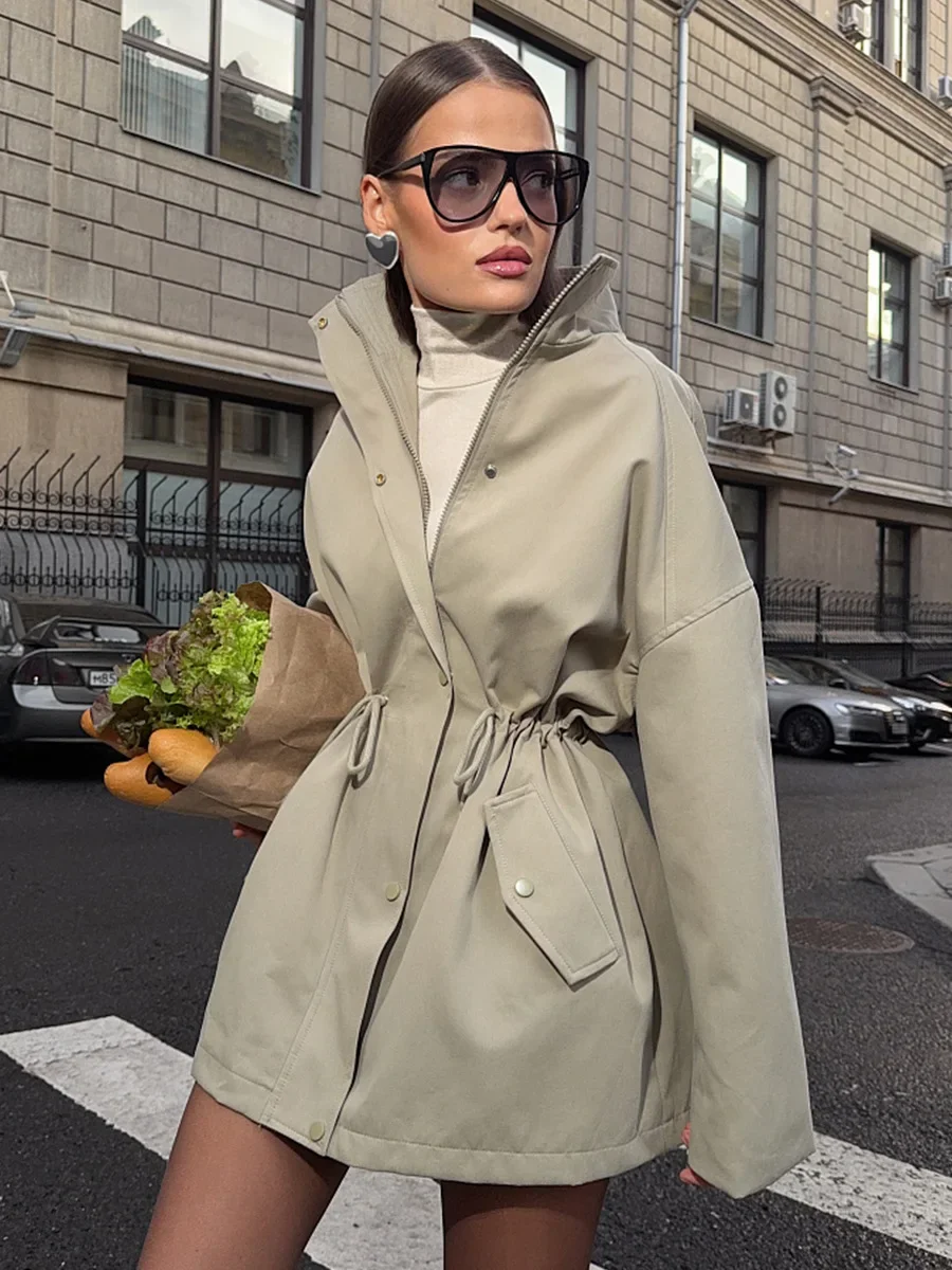 

Women's Stand Collar Mid length Trench Coat Drawstring Waist New Autumn Winter Coats Cotton Outer Jacket