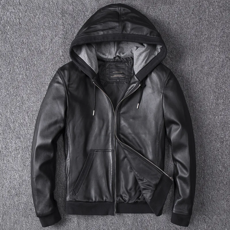 New style High-end sheep leather jacket hooded leather men's short coat hooded spring and autumn sports casual fashion leather