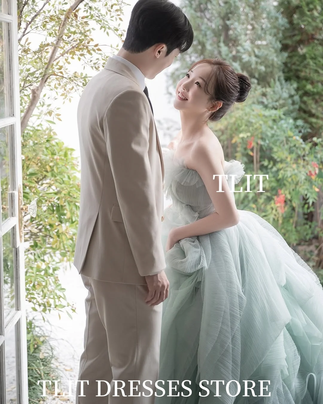 فستان سهرة أنيق من TLIT باللون الأزرق الضباب من الأورجانزا فستان زفاف كوري لالتقاط الصور بدون حمالات بدون أكمام فساتين حفلات مشد مخصص