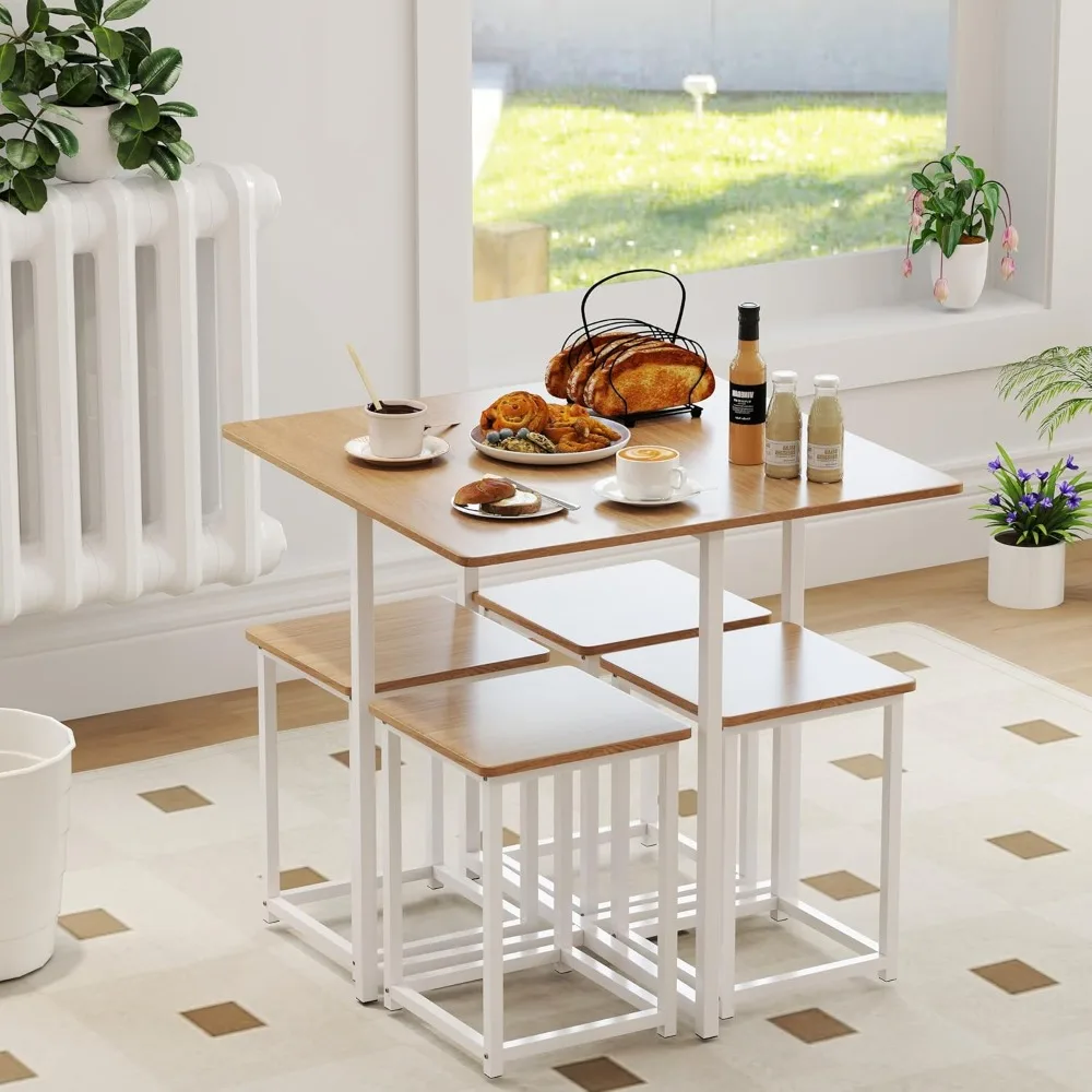 Dining Table Set for 4, Square Kitchen Table w/ 4 Stools, 5 Piece Dinner Table Set w/Metal Frame, Dining Set for Small Spaces, C