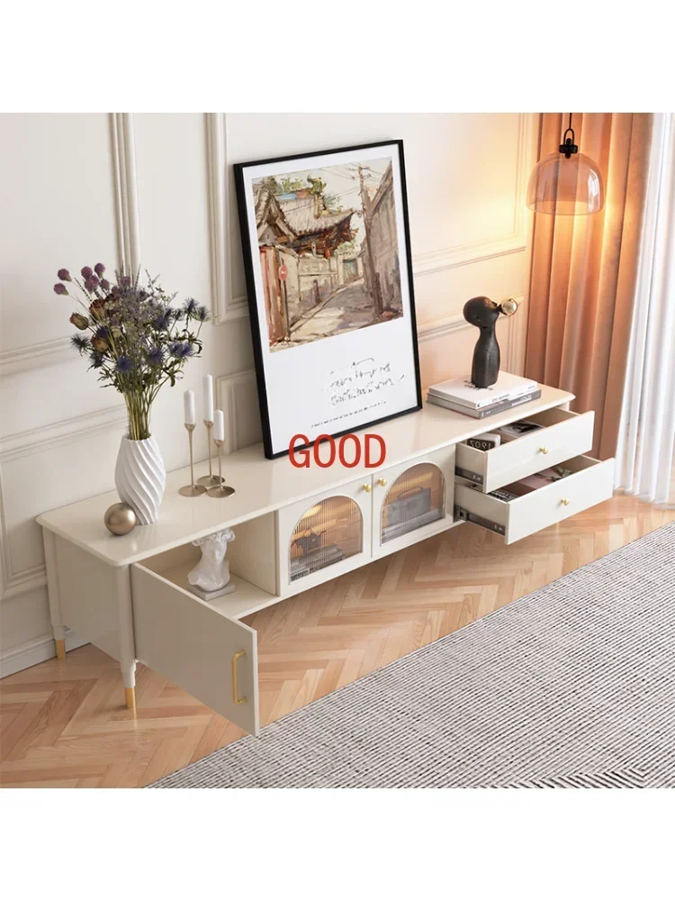 French Retro TV Cabinet and Tea Table Combination Simple Modern Light Luxury Changhong Glass White TV Cabinet
