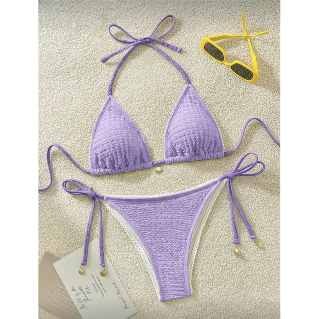 Zweiteiliges Bikini-Set mit hoch geschnittenen Beinen, Badeanzug, Badebekleidung, geraffter, knitteriger Halter-Bikini, Damen-Badebekleidung, Damen-Badeanzug M125 – Detail 7