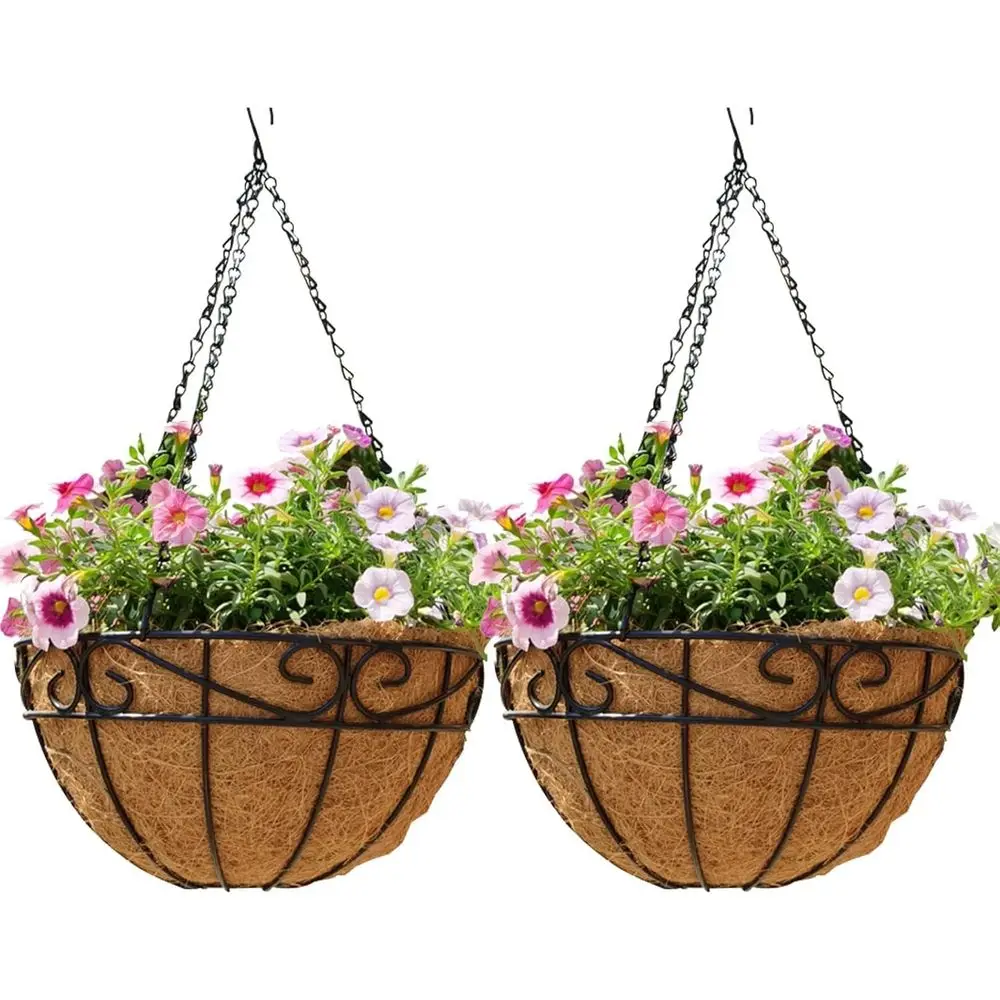 12 Inch Outdoor Metal Hanging Planters with Chain and Fiber Liners for Garden, Patio, Deck, and Porch