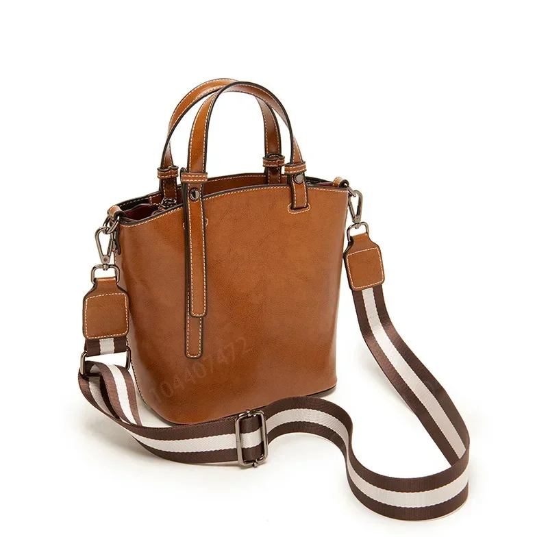 Genuine Leather Women Bag 2024 New Cowhide Shoulder Bags Vintage Large Capacity Women's Crossbody Bucket Bags Fema