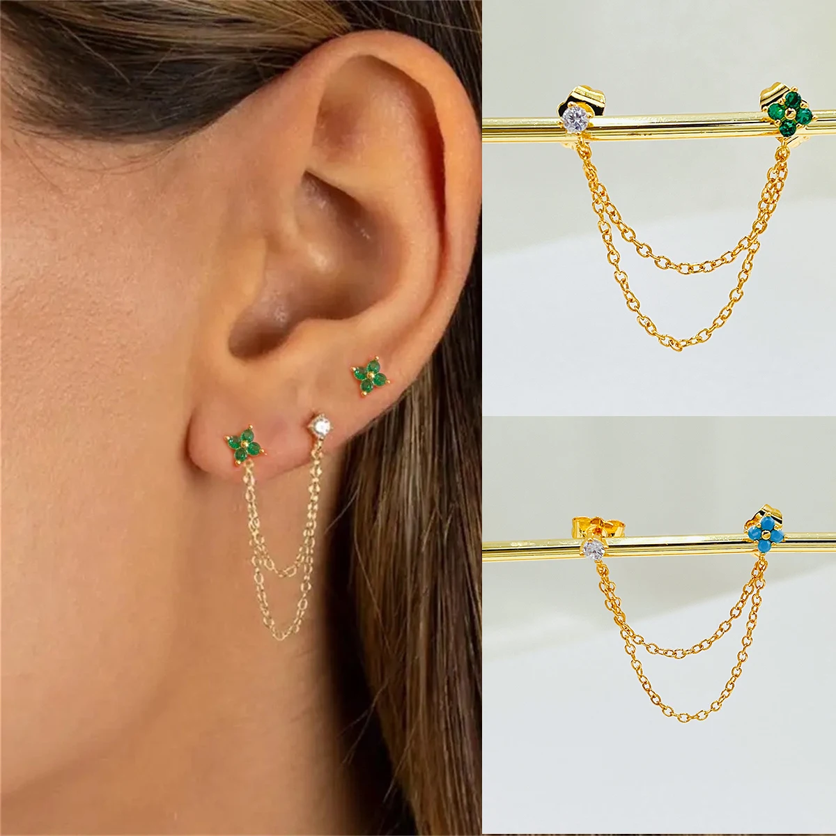 New Arrival Zircons Flower Ear Stud Earrings For Women Luxury Double Studs Chain Tassel Stainless Steel Earring Piercing Jewelry
