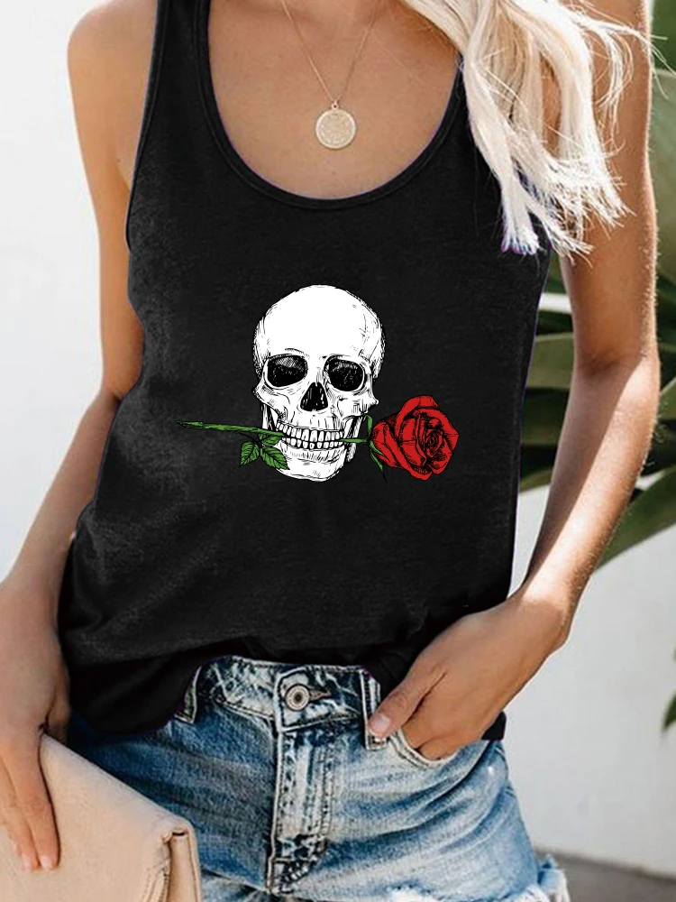 Loose Summer Skulls Tee Shirt Vintage Crew Neck Y2k Women 90s Tops Clothes Femme Skull Rose Print Funny Tank