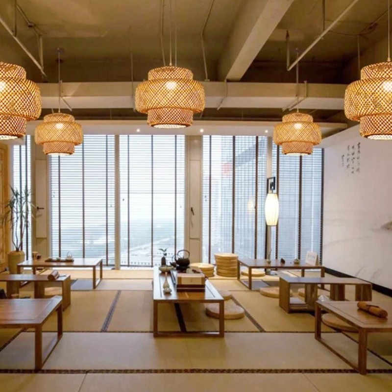 Modern Bamboo Weaving Wabi Sabi Style Zen Style LED Pendant Light Living Room Study Homestay Dining Retro Lighting Decoration