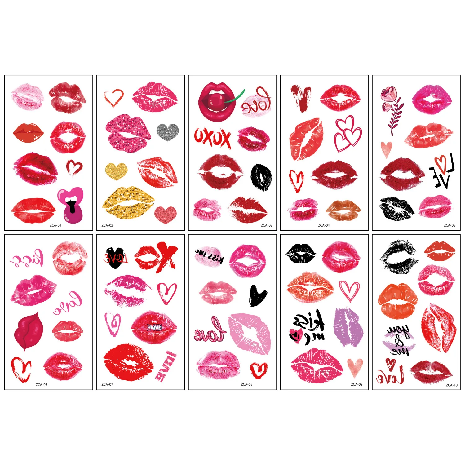 10 Sheets Romantic Lips Red Heart Temporary Waterproof Tattoos Sticker for Valentine's Day Wedding Anniversary Party Decoration