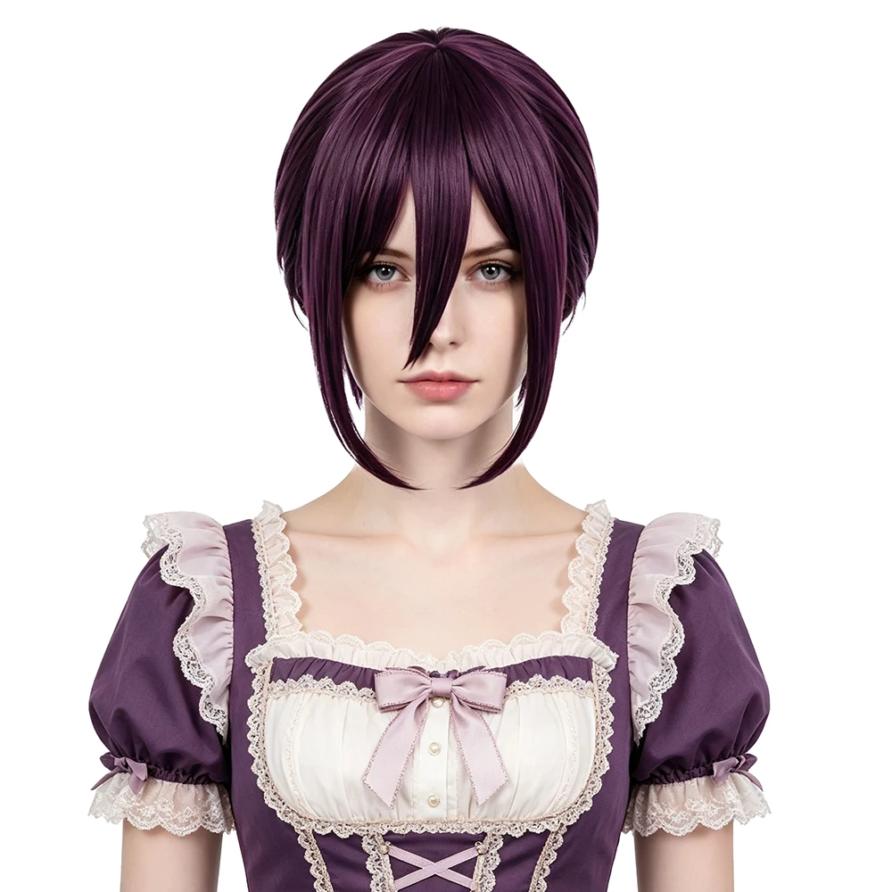 30cm Dark Purple Low Ponytail Women Cosplay Wig Long Sideburns Natural Straight Heat Resistant Synthetic Universal Anime Wig