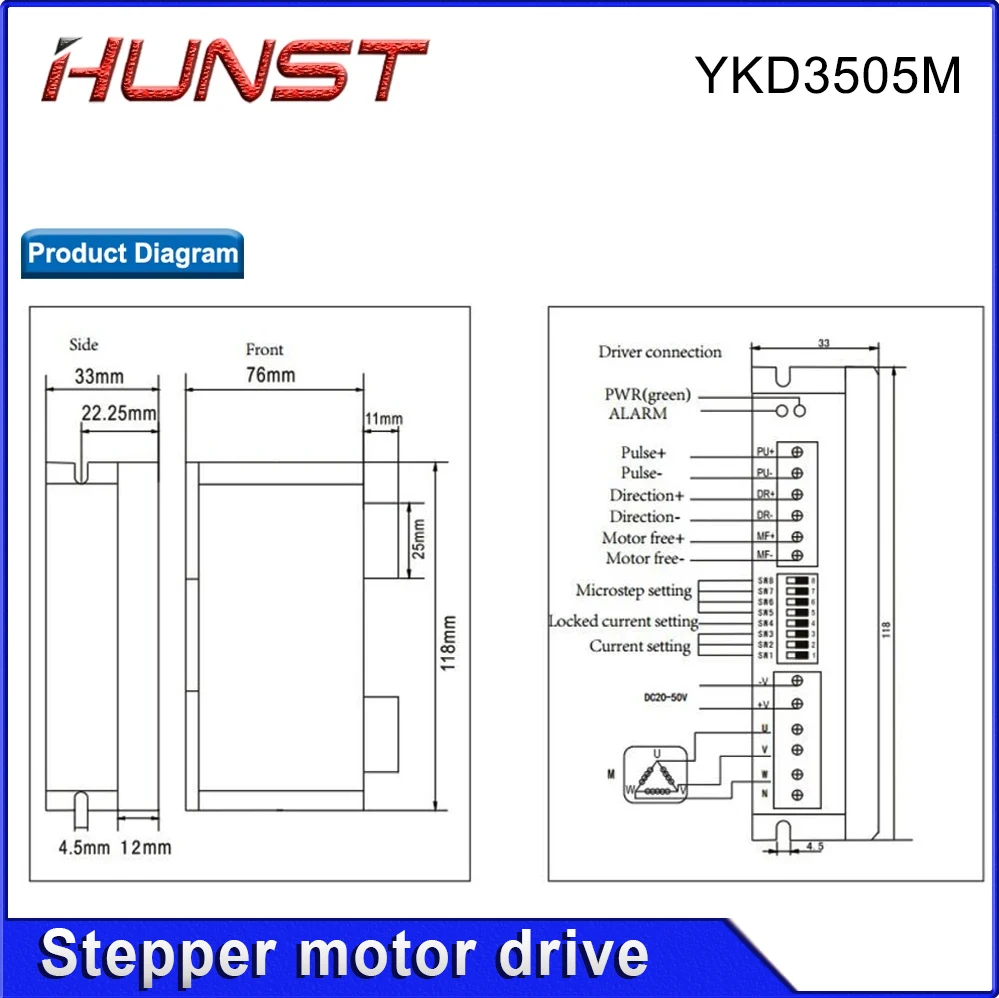 HUNST YAKO محرك متدرج سائق YKD3505M لـ 3 مراحل 42 ~ 86 مم (NEMA 17 ~ 34) محركات متدرجة التي تتسع أقل من 5.7 أمبير.