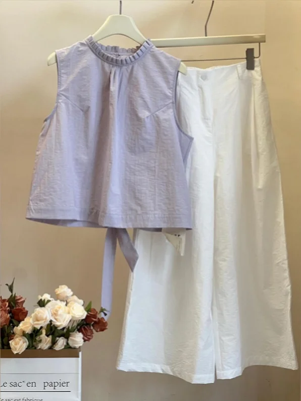 Korean Sle Summer Outfit Women's Purple Belted Svel Top with Lazy Casual Pants Two-Piece Set Faionable Slimming Effect