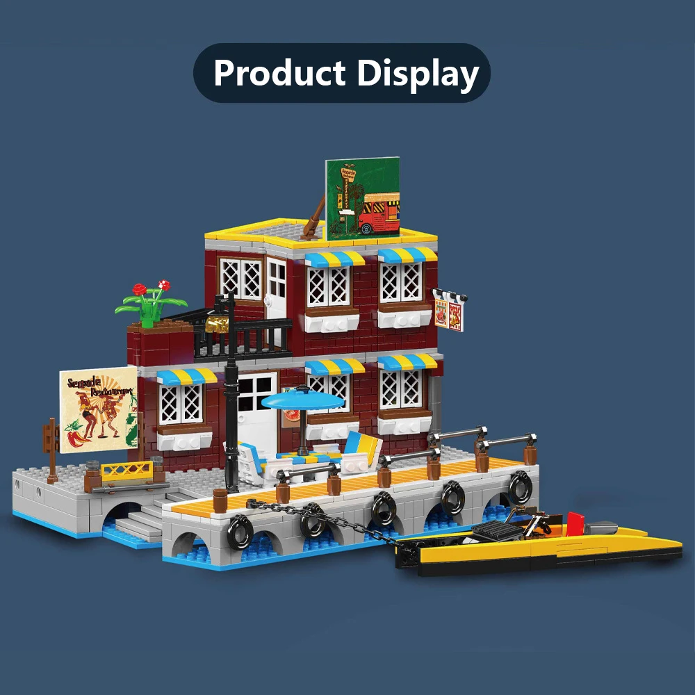 Small Architecture Seaside Restaurant Building Blocks Assembly Display Gift for Boys Girls