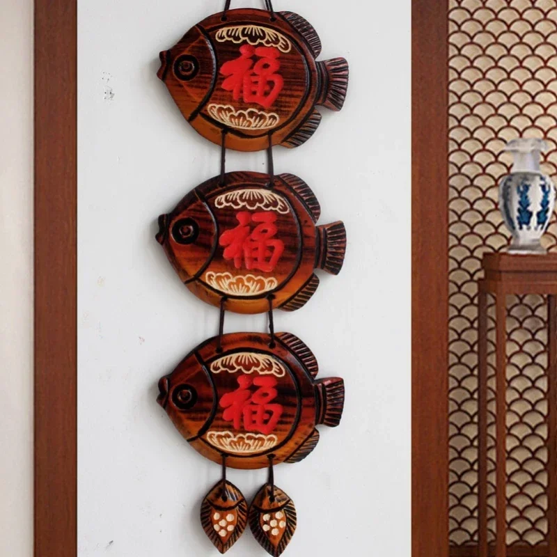 Chinese Style Allegorical Fish Wall Decor, Festive Feng Shui Windbell, Anti-Cracking Wood Craft for Home and Garden