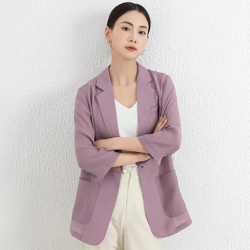 

Light Purple Silk Women's Jaet Summer New Sle Casual Svel Collar Button Closure Mid-Length Faionable