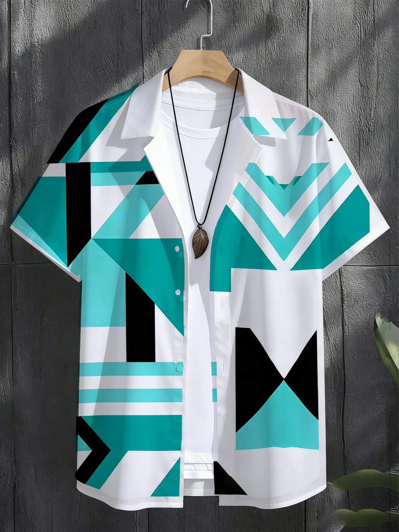 

Summer Men's Casual Geometric Shirt Turquoise Black Print Short Sleeve Button Up Vacation Top