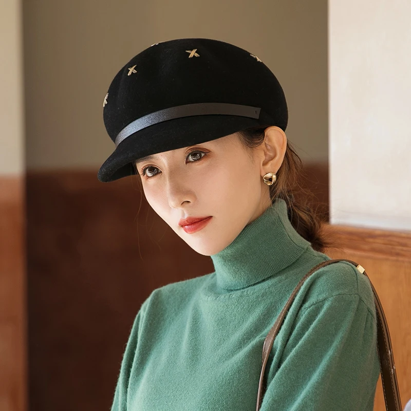 

Autumn and Winter New Women's Hat High Quality Woolen Rivet Octagonal Cap Women's Fashion All-Matching Beret Vintage Painter Hat