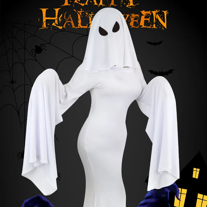 Novo feminino fantasma cosplay traje halloween assustar smiley olhos pretos branco cinched rosto grito traje adulto fantasia vestido