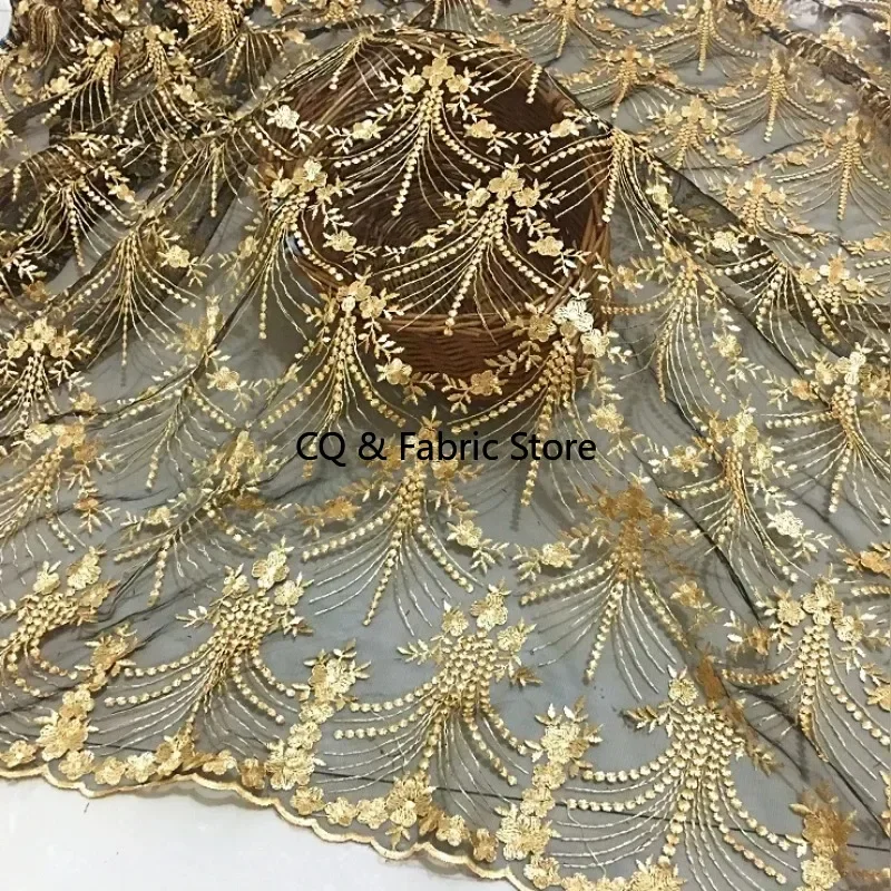 

Quality African Lace Fabric Gold Royal French Net Embroidery Tulle Lace Fabric For Nigerian party Dress wedding dress 50*125cm