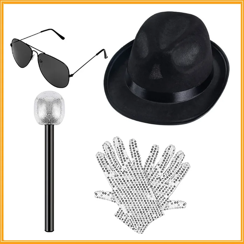 Accessori per costumi Pop King Jackson Cappello Fedora Occhiali da sole e microfono per la festa di cosplay di Halloween a tema Rocky anni '80