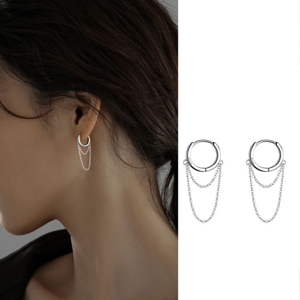 Mizaç gümüş renk paslanmaz çelik çift katmanlı zincir püskül Hoop küpe kadınlar için kore modası takı aksesuarları