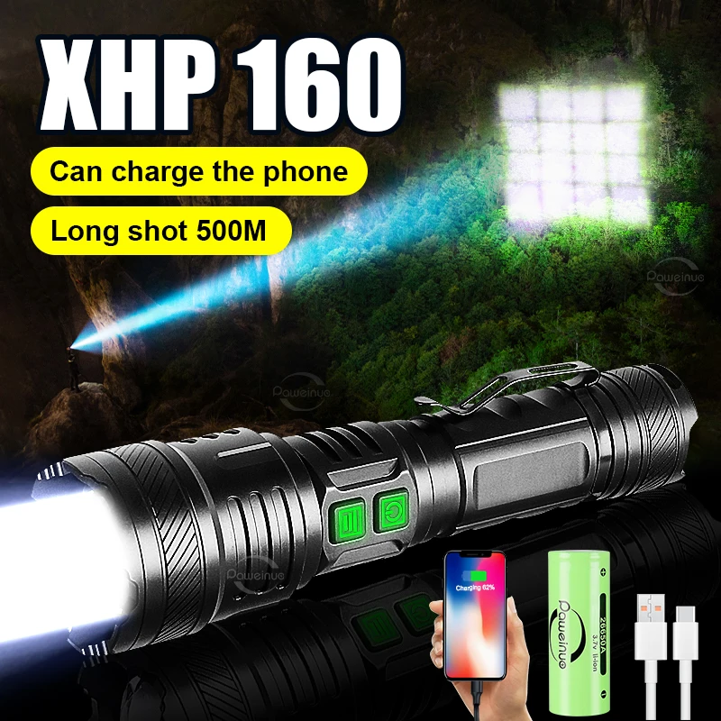 Linterna superbrillante XHP160, linterna LED recargable de alta potencia, linterna duradera, linterna portátil, lámpara de mano con Zoom resistente al agua