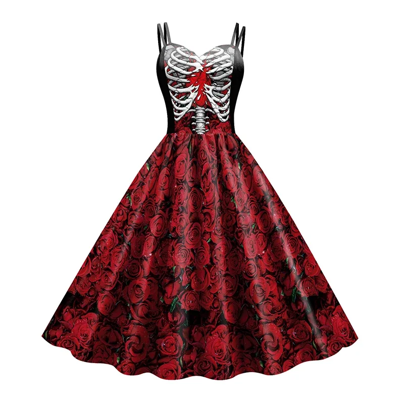 Damen Halloween Skelett-Rosen-Kleid-Set, Day of The Dead Cosplay-Kostüm mit Schleier, Krone und Handschuhen für Karnevalsparty – Detail 2