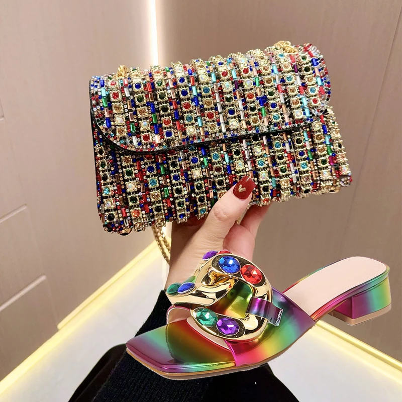 New Plus Size Sandals For Women With Colorful Metal Rhinestone Square Toe High-heeled Shoes Colorful Rhinestone Dinner Bag Set
