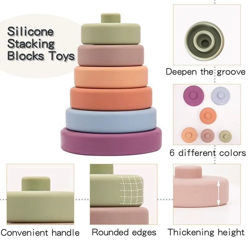 6pcs Baby Toy Soft Building Blocks Silicone Stacking Blocks Round Shape Rubber Teethers Montessori Toy Silicone Construction Toy