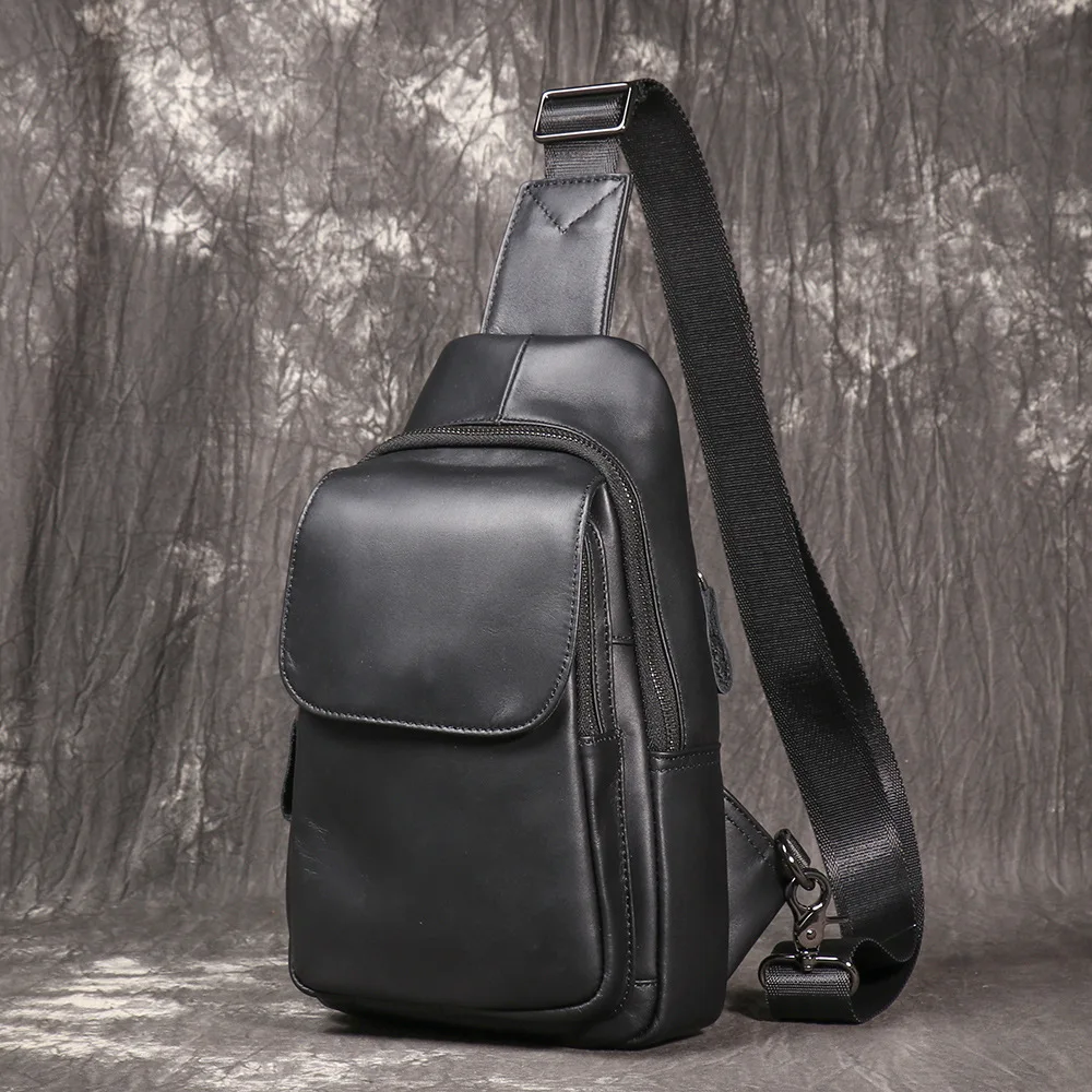 Men's Genuine Leather Chest Bag -Full Grain Leather Crossbody Sling Bag - Fashionable Outdoor Shoulder Pack for Hiking