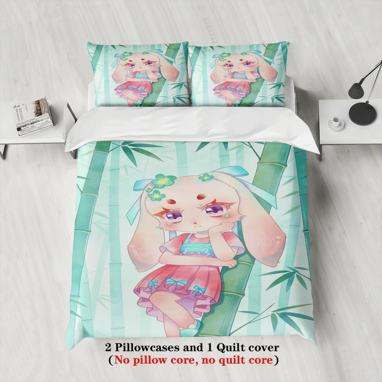 Softville Cozy Town 3PCS Bedding Sets Lop Rabbit Banboo forest Pinted Duvet Cover No filling Cartoon Style Queen King Size